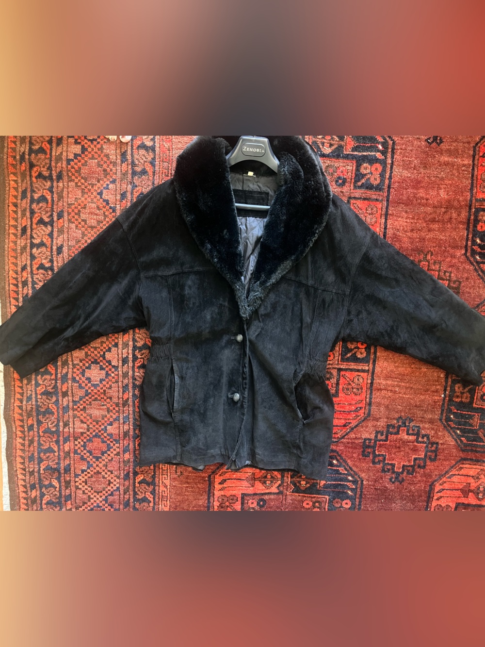Vintage black suede coat faux fur collar, cinched waist.